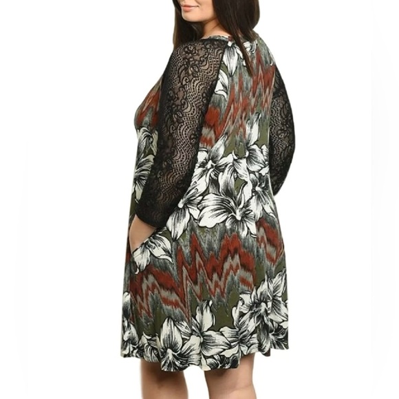 Women’s Plus Size Earth Tone‎ Floral Trapeze Flowy Dress Lace Sleeve Pockets 3X - Picture 2 of 11